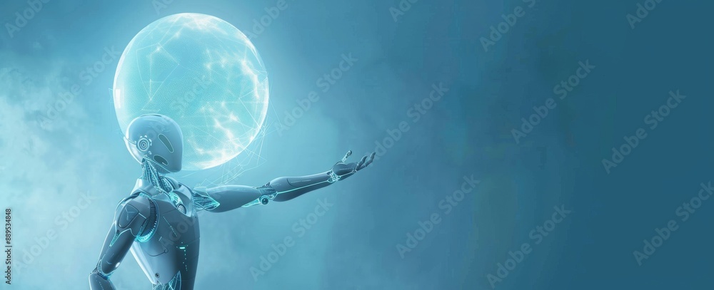 Poster using hologram 3d rendering using a digital sphere connection, a white robot woman can be seen