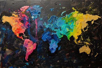A vibrant, textured map of the world on a black canvas, showcasing continents in a vivid array of rainbow colors with a dynamic, abstract style.