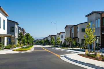 A serene suburban street lined with modern houses, lush greenery, and a clear blue sky, epitomizing peaceful residential living.