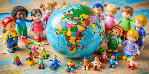Colorful globe surrounded by diverse cultural decorations, toys, and educational items, symbolizing unity and celebration of International Children's Day.