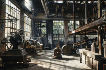 Sunlight filters into a spacious, rustic workshop filled with old machinery and wooden workbenches, evoking a sense of history and craftsmanship.