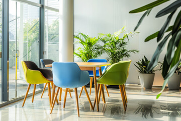 Fototapeta premium Dynamic office lounge with colorful seating, modern decor, high ceilings, and ample natural light, designed for collaboration and innovation.
