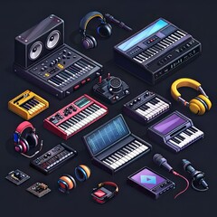 Isometric collection of music equipment and electronic devices