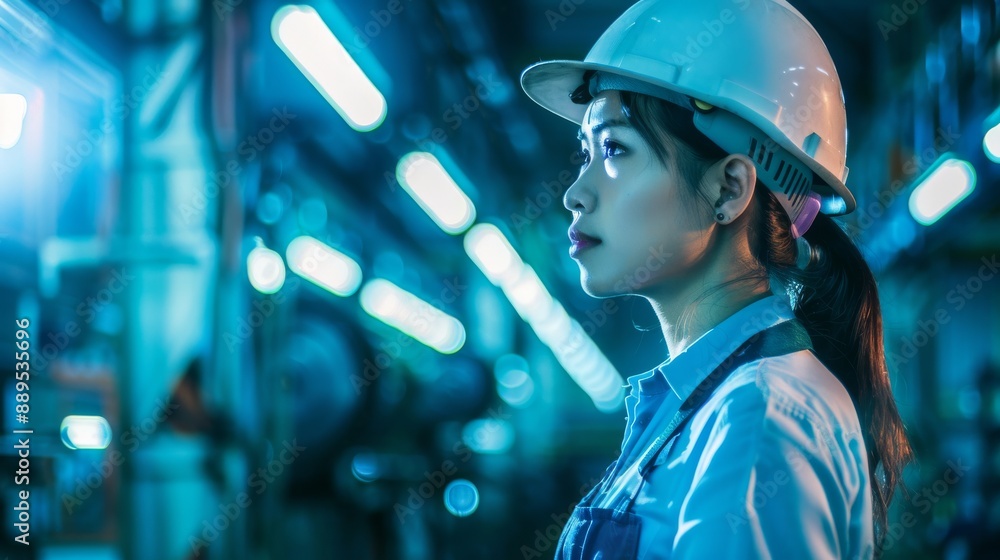 Poster controlling a robot arm is an automation engineer wearing a blue uniform with a helmet security insp