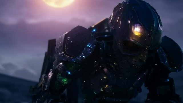 Futuristic armored robot in dystopian landscape at twilight