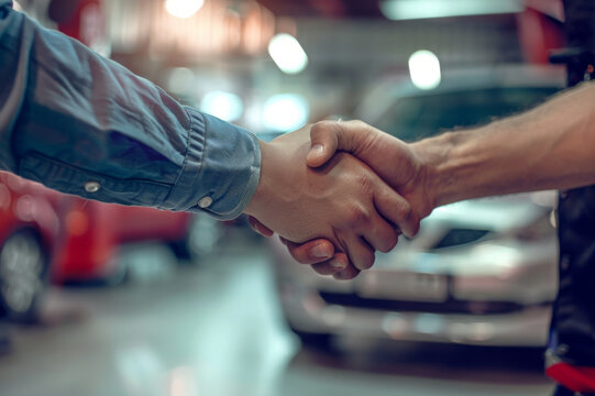 Two individuals shake hands firmly in an auto repair shop, demonstrating mutual trust and agreement against a backdrop of cars and tools.