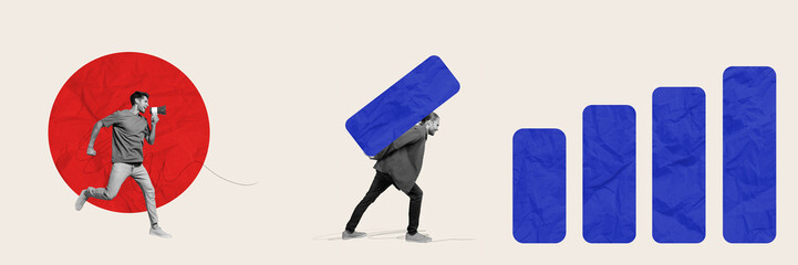 Composite collage image panorama of businessman together boss employee team building data analysis graph fantasy billboard comics minimal