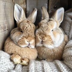 Obraz premium An endearing photograph of a pair of fluffy bunnies snuggled up together, showcasing their soft fur and the adorable closeness of their bond as they relax in a cozy corner.