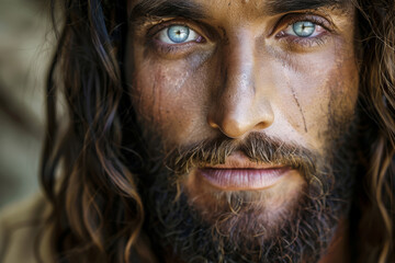 Obraz premium Intense close-up of a man's face with striking blue eyes and weathered features, conveying a sense of strength and determination.