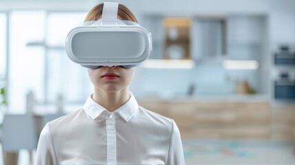 A woman is holding a white tablet and wearing a virtual reality headset
