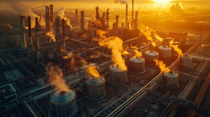 Obraz premium Golden Hour Splendor: Aerial View of an Industrial Complex with Storage Tanks and Pipelines at Sunset.