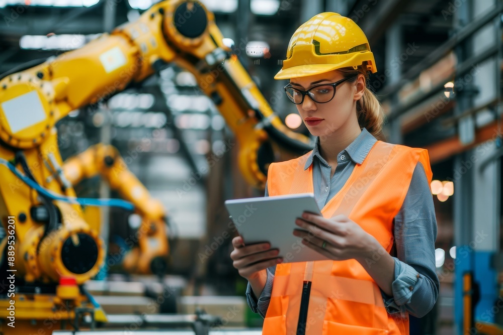 Poster robotics engineer wearing helmet and safety glasses checks operation of industrial robot arm in fact