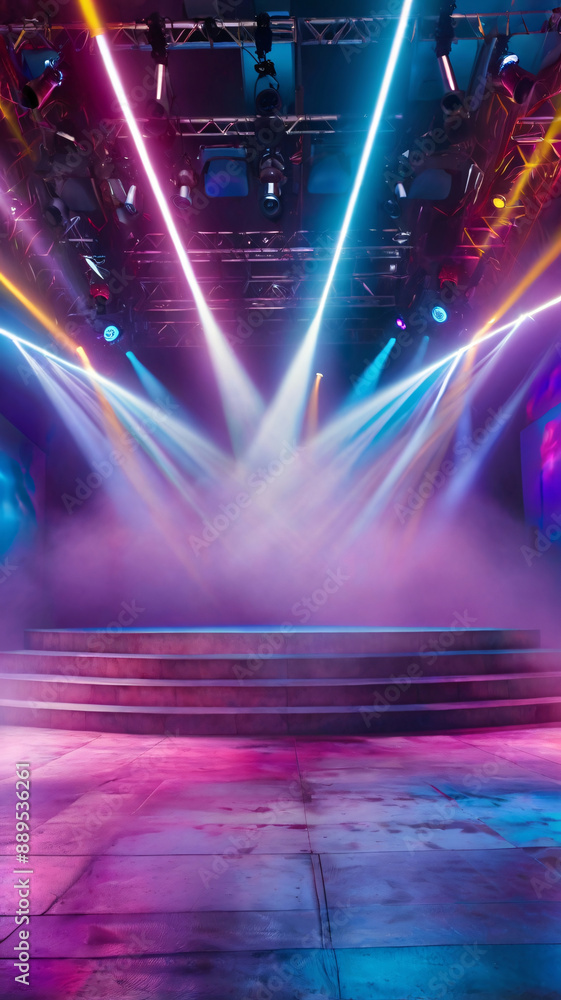 Poster banner background of an empty stage with colorful spotlights and copy space
