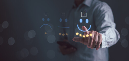 Concept of customer experience Best service reviews for satisfaction,Client hand touching smile relax face icon Show an excellent five star positive feedback rating the best products and service