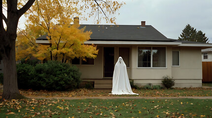 Fototapeta premium man wearing ghost costume in front of house Halloween spooky trick or treat