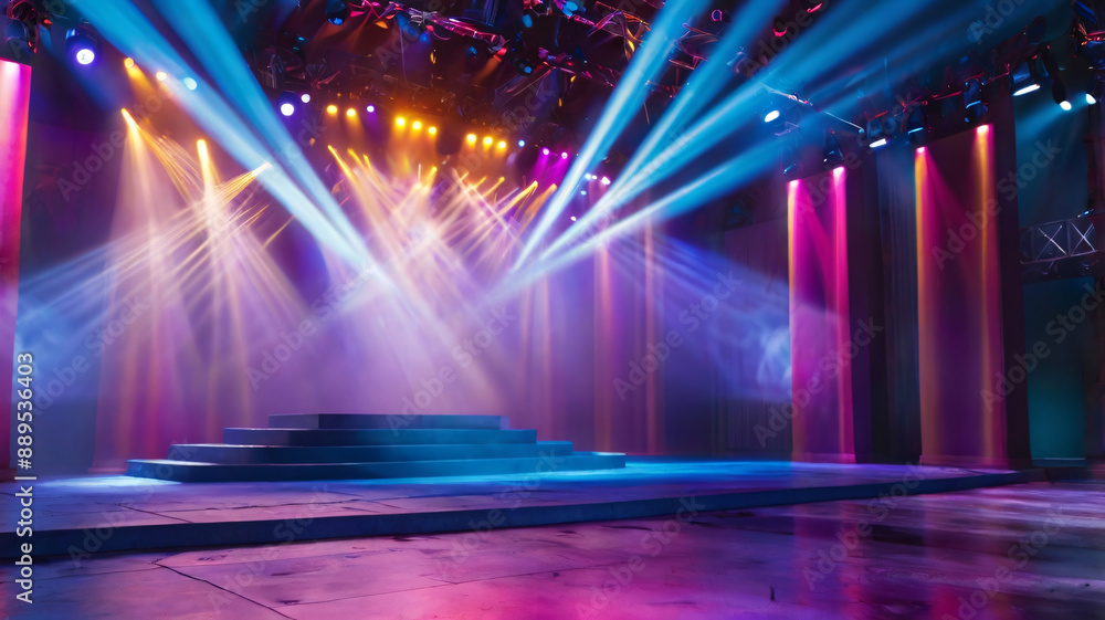 Poster banner background of an empty stage with colorful spotlights and copy space