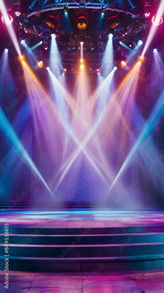 Aufkleber banner background of an empty stage with colorful spotlights and copy space