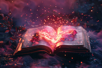Obraz premium An ancient, magical book opens, releasing a vibrant flurry of glowing sparks and swirling colors, creating an enchanting atmosphere.