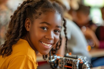 Young African American child holding robotic car looking at camera in STEM class. Portrait. Engineering and coding, stock photo.