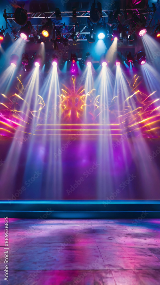 Poster banner background of an empty stage with colorful spotlights and copy space