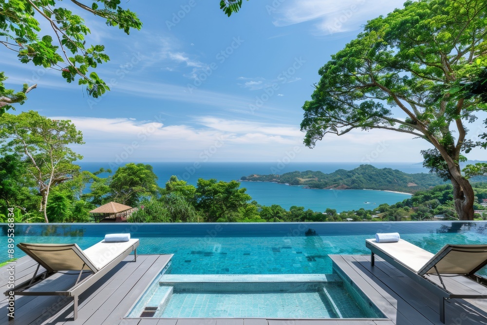 Poster luxurious poolside setting with lush greenery and water views creating a serene and exclusive atmosp