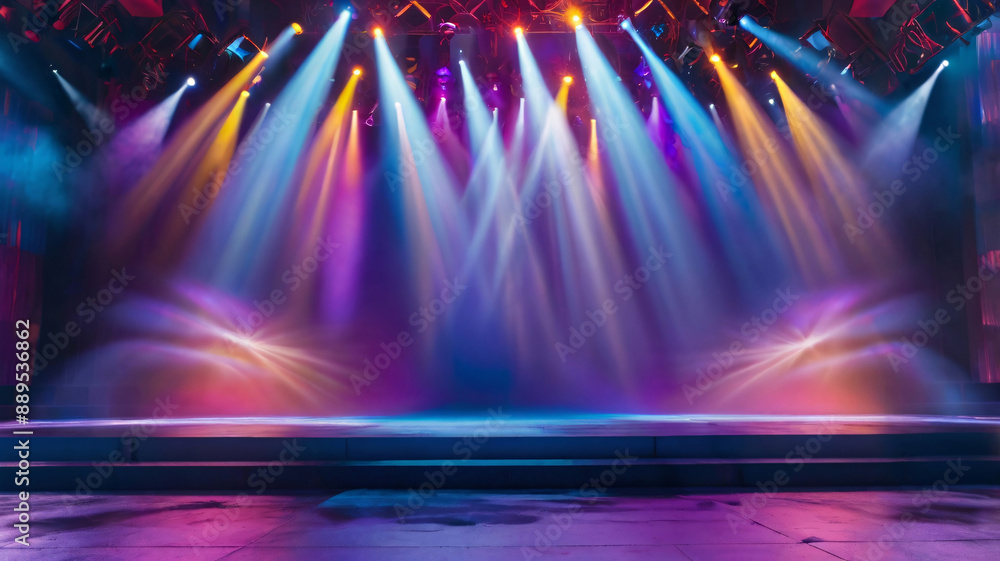 Poster banner background of an empty stage with colorful spotlights and copy space