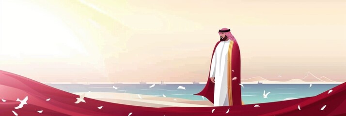 Happy National day Qatar celebrating. Arab sheikh on the seashore, Qatar flag. Flat illustration. Independence Day of Qatar. Horizontal banner, free space for text. Copy space