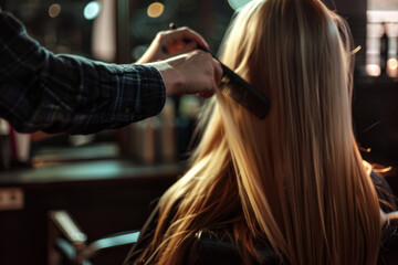 Naklejka premium Close-up of a hairdresser combing through a client's long blonde hair under the gentle lighting of a salon, focusing on detail and care.