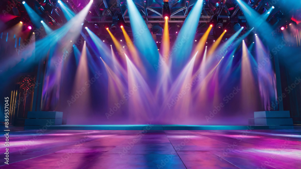 Aufkleber banner background of an empty stage with colorful spotlights and copy space