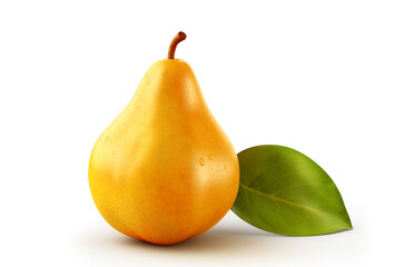 Ripe yellow pear on white background. pear with green leaf