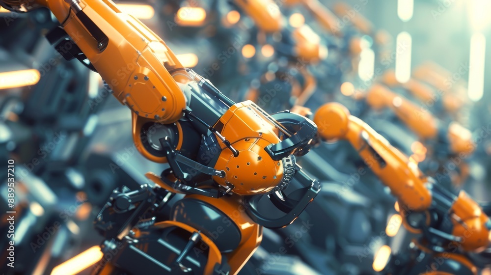 Poster there are many orange robots in a factory. the robots are moving and the scene is industrial.