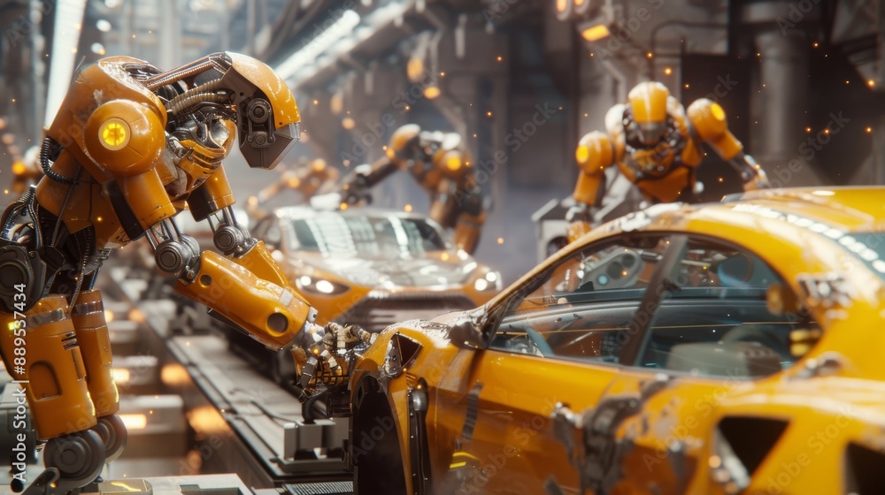 Poster in a factory with robotic arms assembly lines from yellow metal, two lines of robotic arms are build