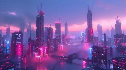 Obraz premium Futuristic cyberpunk city skyline with neon lights and misty atmosphere, showcasing a vibrant and high-tech urban landscape at dusk.