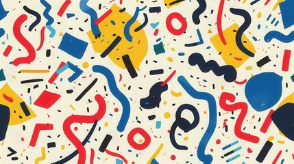 Vibrant abstract pattern with colorful geometric shapes, lines, and curves on a light background, perfect for modern and playful designs.