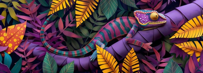 25. "A colorful paper cut scene of a chameleon blending into vibrant foliage, with a purple background
