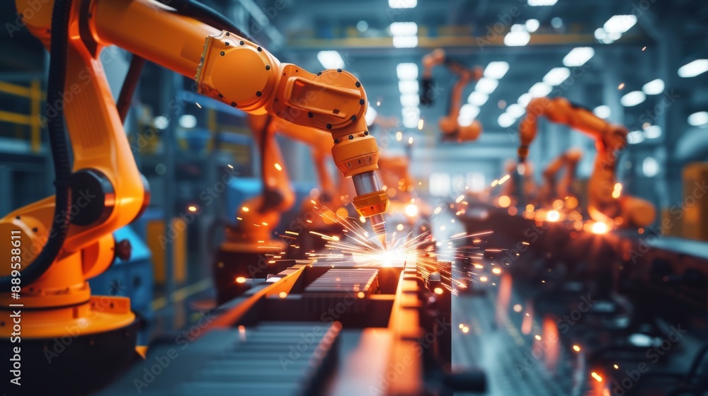 Poster the automation robot arms machine is part of an intelligent factory industrial on a real-time monito