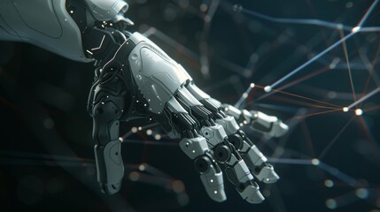 Obraz premium Science and stock technology for the future, Robots, Cyborgs, and Humanoids, Machine Learning, AI Chat, Robots touching a cyberspace network connection, Robots touching a big data network.