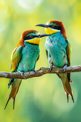 Fototapeta premium Two colorful birds sitting closely on a branch, representing companionship and the beauty of nature.