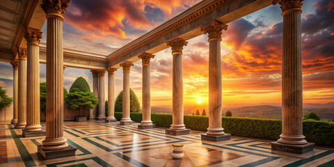Fototapeta premium Omnipresent marble columns surround a vacant, ornate courtyard, set against a backdrop of warm sunset hues, evoking an absent, yet vibrant, discourse of ancient wisdom.