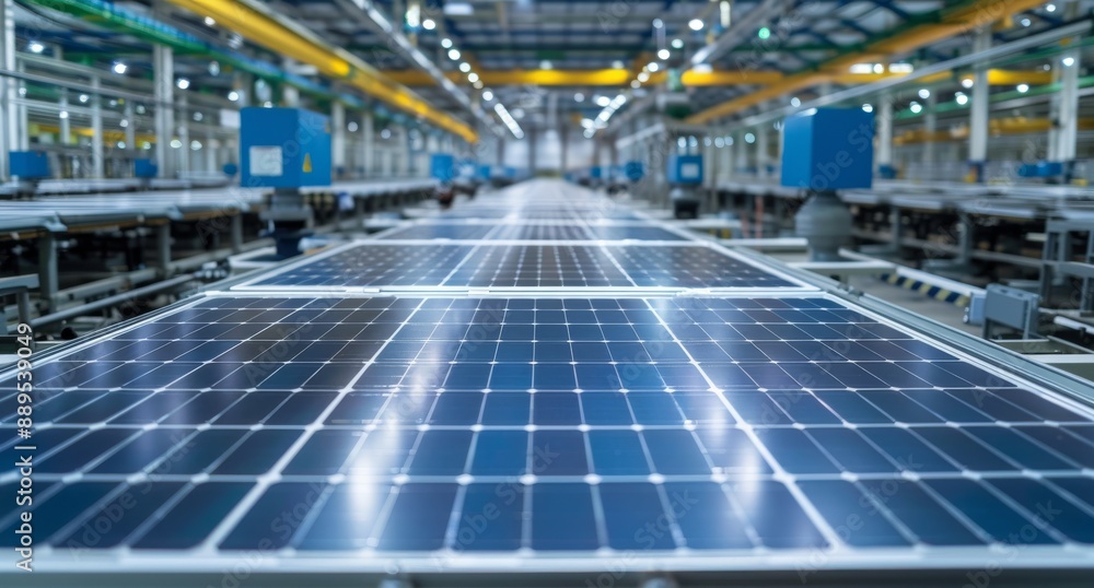 Poster solar panel assembly lines in modern factories are automated with robot arms