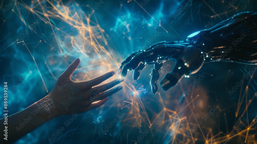 Poster a close-up of human and robot hands interacting with holographic data streams in the background illu