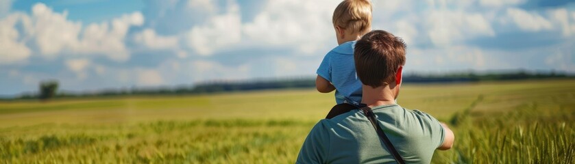 Naklejka premium A man holds a child in a field of tall grass. The scene is peaceful and serene, with the father and child enjoying the outdoors together