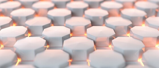Close-up of a grid of hexagonal-shaped, white tiles with glowing edges, creating a futuristic and abstract visual pattern.