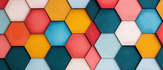 Colorful hexagon pattern with vibrant hues creating a modern and abstract geometric background. Ideal for presentations, designs, and wallpapers.