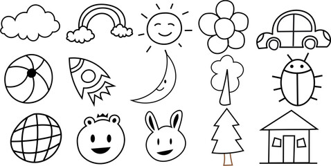 Set of Cute Vector Icons Featuring Clouds, Rainbow, Sun, Flowers, Car, House etc, Cute Kids Element