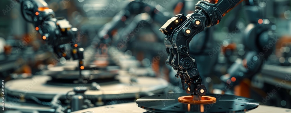 Poster assembling complex machinery with a robot arm, its movements are precise and efficient.