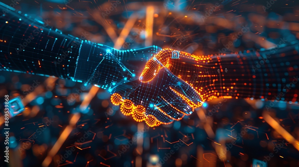 Poster an illustration of robot hands shaking a hand on a futuristic digital background with dots and lines
