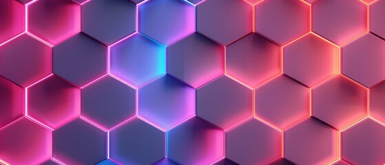 Vibrant hexagonal pattern with neon light effects, creating a visually striking and modern abstract background. Perfect for tech or design projects.