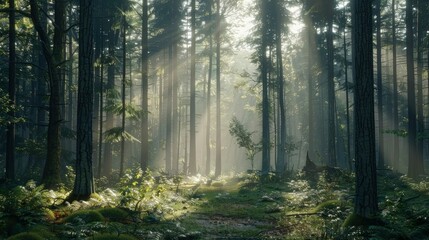 Obraz premium A serene forest with sunlight filtering through the trees.