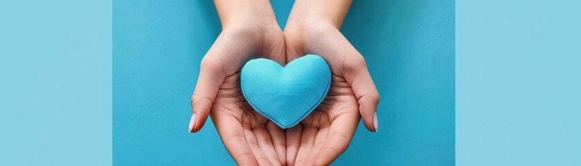 Obraz premium A person is holding a blue heart in their hands. The heart is made of a material that looks like it is made of plastic